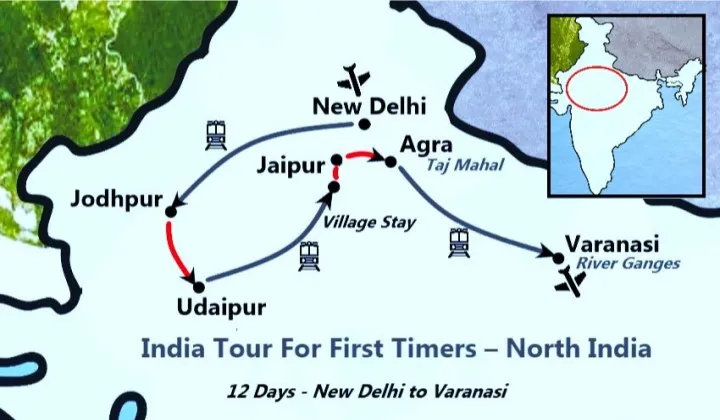 Route map India Tour First Timers North India 12 Days — Delhi Jodhpur Udaipur Jaipur Agra Varanasi TTI Tours