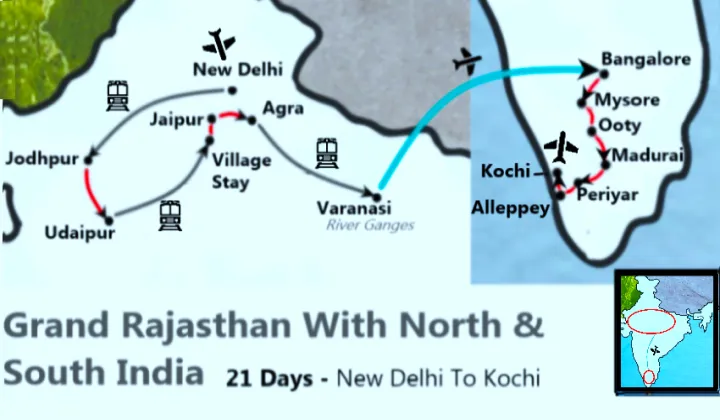 Route map Grand Rajasthan North and South India 21 Days — Delhi to Kerala TTI Tours