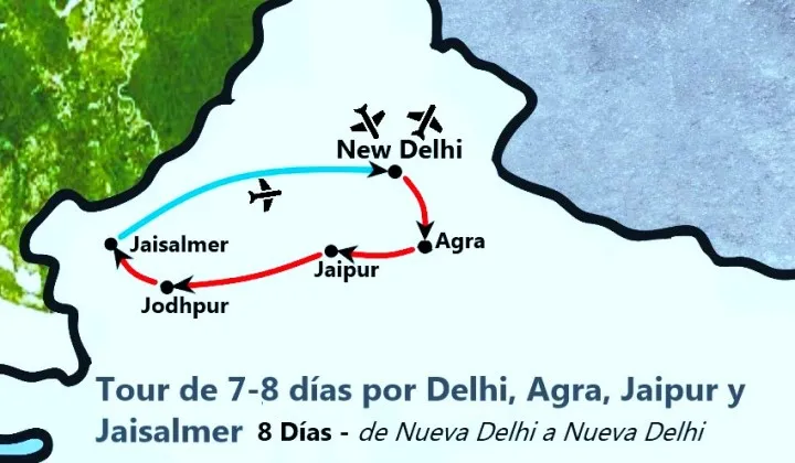 Mapa de ruta del tour Triángulo Dorado Rajastán — Delhi Agra Jaipur Jodhpur Jaisalmer