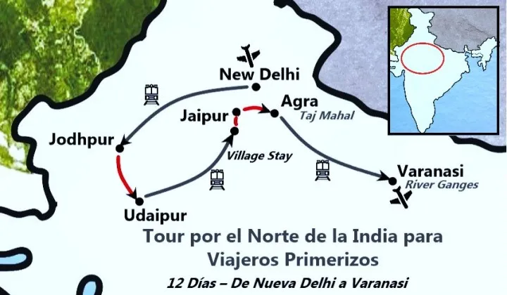 Mapa de ruta Tour Norte de India Primeros Viajeros 12 Días — Delhi Jodhpur Udaipur Jaipur Agra Varanasi TTI Tours
