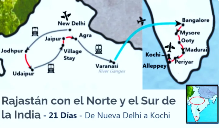 Mapa de ruta Gran Rajastán Norte y Sur de India 21 Días — Delhi a Kerala TTI Tours