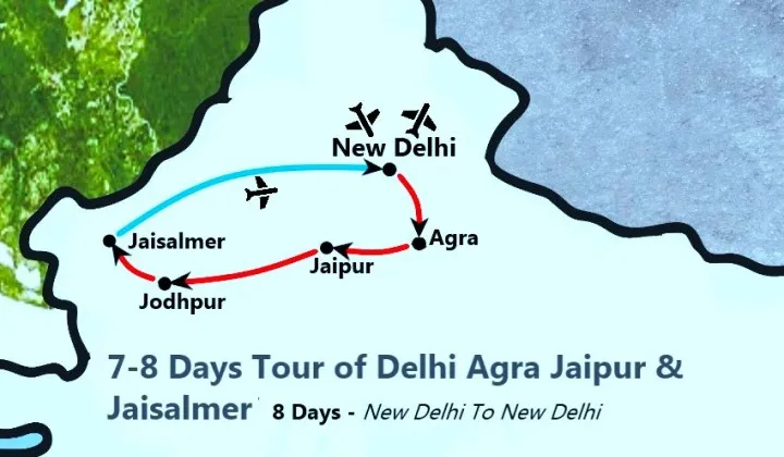 Golden Triangle Rajasthan tour route map — Delhi Agra Jaipur Jodhpur Jaisalmer