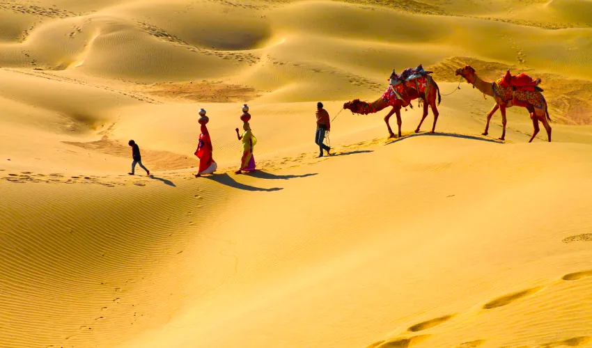Safari en camello en las Dunas de Sam Jaisalmer — noche de lujo en el desierto Triángulo Dorado y Rajastán
