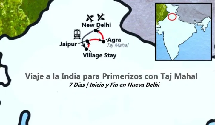 Mapa de ruta Tour India Principiantes 7 Días — Delhi Tordi Jaipur Agra TTI Tours