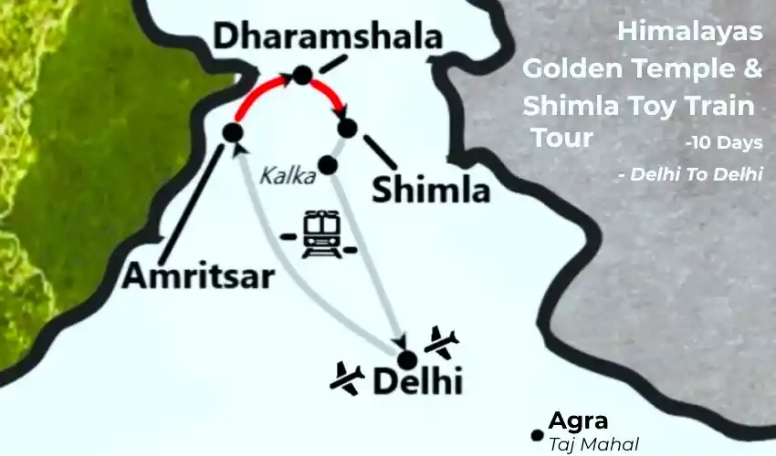 Route map Himalayas Amritsar Golden Temple Shimla Toy Train 10 day India rail tour by TTI Tours