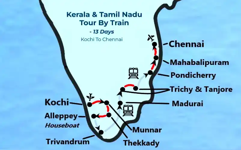 Route map Kerala Tamil Nadu 13 day India train tour by TTI Tours