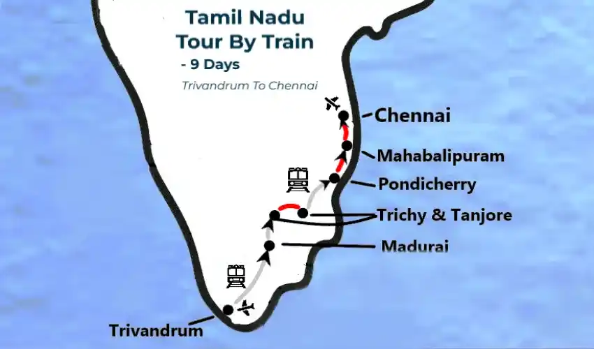 Route map Tamil Nadu 9 day India train tour by TTI Tours