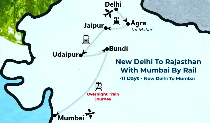 Route map New Delhi Rajasthan Mumbai 11 day India rail tour by TTI Tours
