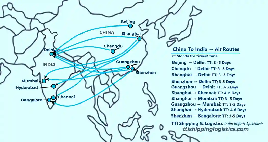 Air cargo routes from China to India showing flights from Shanghai, Beijing and Shenzhen to Delhi IGI and Mumbai airports