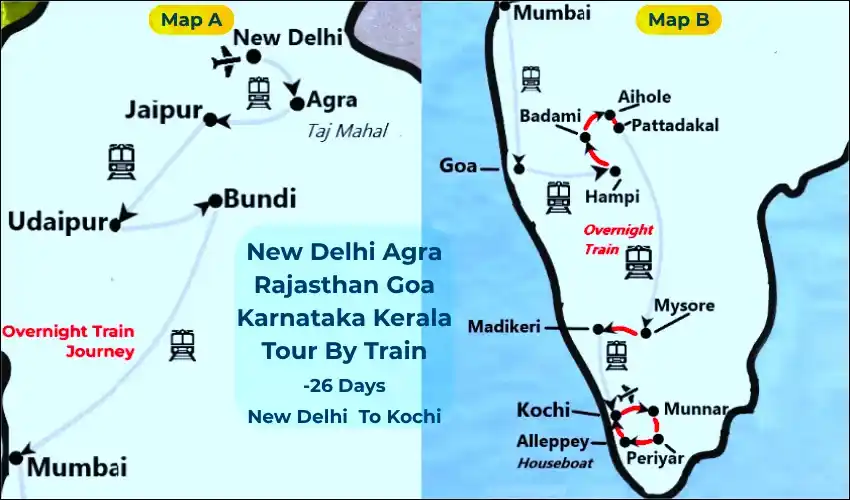 Route map New Delhi Agra Rajasthan Goa Karnataka Kerala 26 day India train tour by TTI Tours