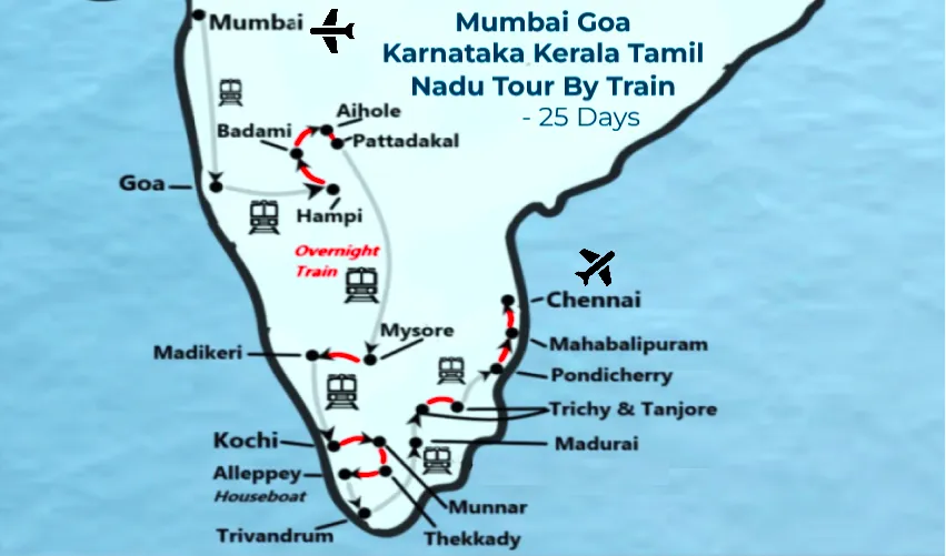 Route map Mumbai Goa Karnataka Kerala Tamil Nadu 25 day India train tour by TTI Tours